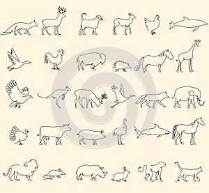 One line animals set, logos. vector stock illustration. Turkey and cow, pig and eagle, giraffe and horse, dog and cat