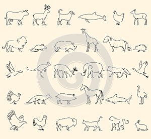 One line animals set, logos. vector stock illustration. Turkey and cow, pig and eagle, giraffe and horse, dog and cat