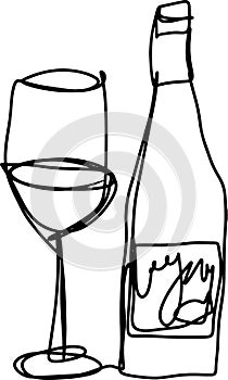 One line-art bottle and glass of wine