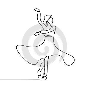 One line art, Drawing of a young girl dancing, wearing dress, vector illustration