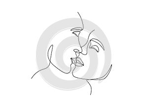 One line art of love couple kiss. Man and woman faces minimalist style for print, contemporary vector continuous linear