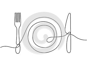 One line art. Plate knife, fork continuous outline drawing. Decoration for cafe or kitchen, restaurant or menu. Cutlery
