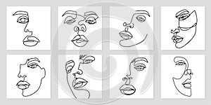 One Line art portraits. Abstract female face painting. Woman contour silhouette. Continuous drawing posters