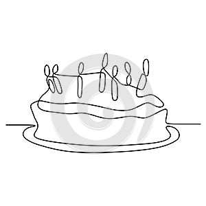 One line birthday cake with candle minimalist design banner vector illustration isolated on white background for celebration