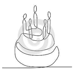 One line birthday cake with candle minimalist design banner vector illustration isolated on white background for celebration