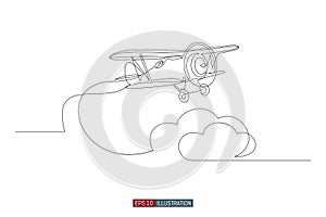 Continuous line drawing of vintage biplane. Hand drawn retro airplane. Vector illustration.