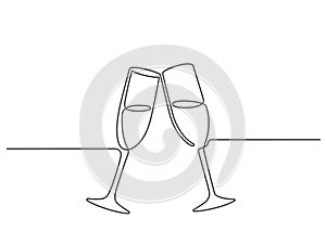 One line champagne toast. Continuous linear couple wine glasses clink. Wedding party cheers. Minimalist new year celebration