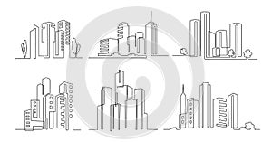 One line city. Skyscraper buildings, linear town cityscape and modern downtown or business district vector illustration