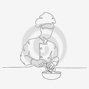One line continuous design of chef in hat. Cooking art design, serving food