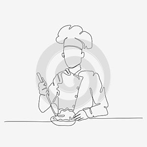 One line continuous design of chef in hat. Cooking art design, serving food