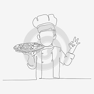 One line continuous design of chef in hat serving pizza. Cute cooking art character