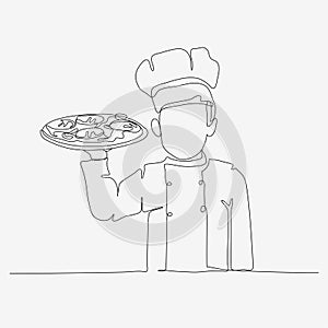 One line continuous design of chef in hat serving pizza. Cute cooking art character