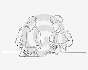 One line continuous design of two brothers cooking together