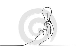 One line continuous draw human with a light bulb. Hand hold light bulb logo identity. Character woman or male doctor, hand holding