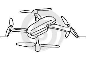 One line continuous drawing flying quadcopter drone with minimalist design isolated in white background