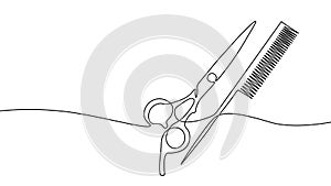 One line continuous scissors hairdresser symbol concept. Silhouette hair design image style technology icon. Digital