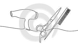 One line continuous scissors hairdresser symbol concept. Silhouette hair design image style technology icon. Digital