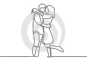 One line couple in love. Romantic continuous hand drawn sketch people. Minimalist and simplicity design. Contour lineart