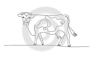 One line cow design silhouette and rural meadow on mountain background