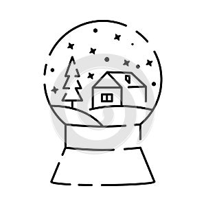 One line crystal snow globe with xmas theme. Christmas or new year snow globe icon. Glass ball for winter xmas holiday concept in