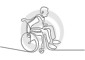 one line disability person on wheelchair. Vector people with injury and broken legs need medical help. Drawing of simplicity