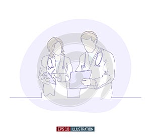 Continuous line drawing of two doctors dialog. Hospital scene. Vector illustration.