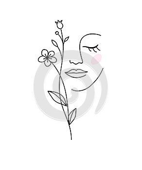 One line drawing. Abstract beautiful girl with flower. Female beauty icon. Natural cosmetics concept.