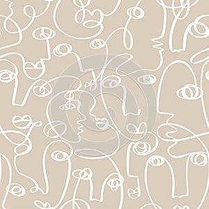 One line drawing abstract face abstract seamless pattern
