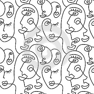 One line drawing abstract face seamless pattern. Modern minimalism art, aesthetic contour. Continuous line background