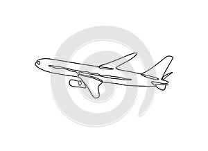 One line drawing of airplane flying on the sky on white background