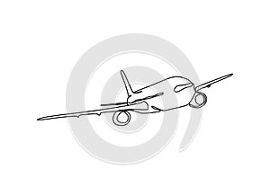 One line drawing of airplane flying on the sky on white background