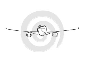 One line drawing of airplane flying on the sky on white background