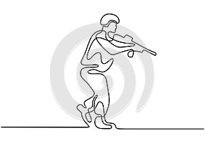 One line drawing of army man. Soldier with rifle gun want to shot opponent during combat