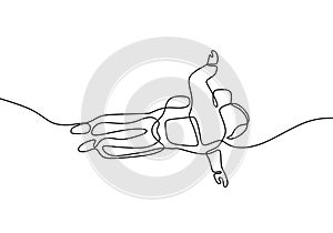 One line drawing astronaut flying on space minimalism design isolated on white background