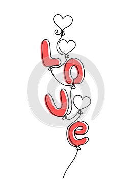 One line drawing balloons sketch isolated on white background. Ballons in the form of hearts and word love.