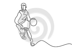 One line drawing of basketball player dribbling a ball during the game. Vector sport theme illustration minimalism design isolated