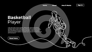 One line drawing basketball player, dribbling a ball to basket. Continuous single hand drawn vector illustration, landing page