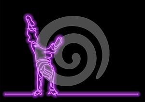 One line drawing of boy standing on his hands with neon vector e