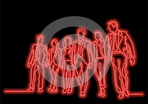 one line drawing of business team walking with neon vector effect