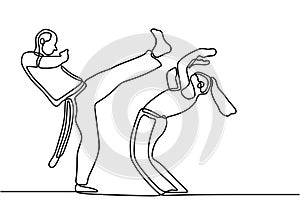 One line drawing or continuous line drawing of Taekwondo and Karate training. Two young sportive man and woman practice kick in