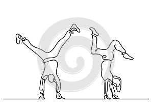 One line drawing of couple doing handstand