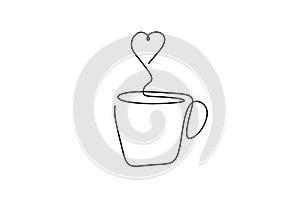 One line drawing of cup of coffee with heart. Continuous single hand drawn vector illustration, minimalism sketch design