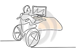 One line drawing of disabled man in wheelchair using laptop at home. A businessman in disability work from home. Inspiring the