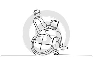 One line drawing of disabled man in wheelchair using laptop at home. A businessman in disability work from home. Inspiring the