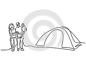 One line drawing of family camping. Happy father, mother, daughter, and son doing picnic with a tent in outdoor. Spend vacation