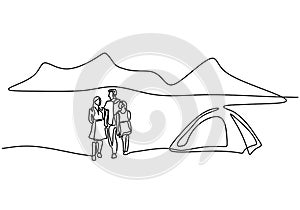 One line drawing of family camping. Happy father, mother, daughter, and son doing picnic with a tent in outdoor. Spend vacation