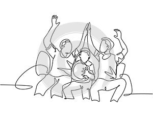 One line drawing of fans siting on sofa and watching their favorite club playing the match on television and giving high five