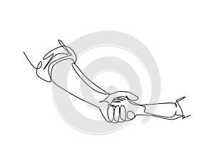 One line drawing of father giving hand to his child. Parenting mother care in continuous line drawing design style. Parental