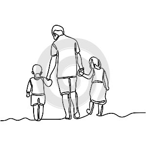 One line drawing of father and his two children holding hands. Young daddy and his children walking on the street minimalist