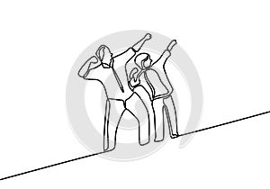 One line drawing of father and son standing stretching pose. Young happy dad do exercise with his son. Parenting concept. Hand